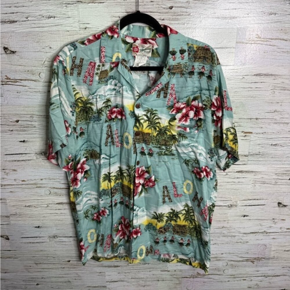VTG Hilo Hattie Hawaiian Shirt Men medium Island Print Vacation Resort Summer